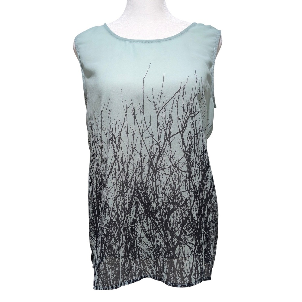 SM Wardrobe Mint Green Tree Branch Print Sleeveless Blouse Pearl Buttons S/M NWT